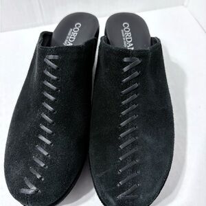 Cordani Davis Woman’s Black Suede Slip-On Clogs Whipstitch Upper Wedge Heel. 10